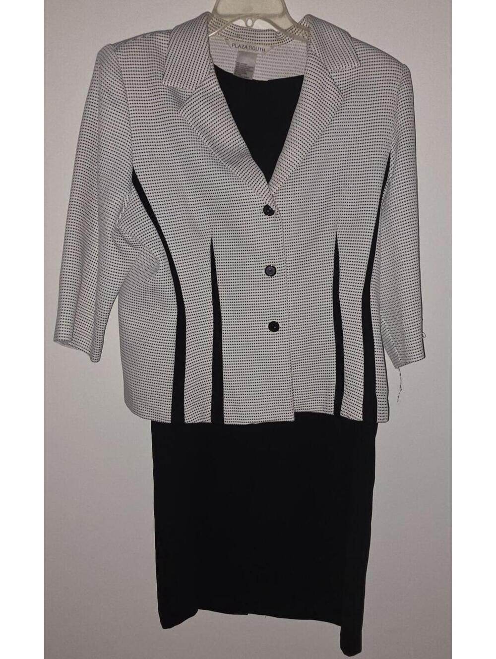 VTG 80s Plaza South Slimming Black and White Two-Piece Business Dress Set